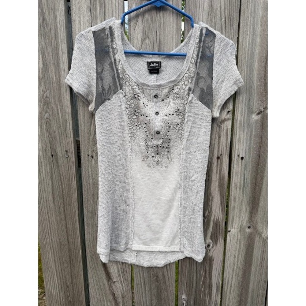 Daytrip Womens Gray Short Sleeve Embellished Lace Boho Knit Top Small